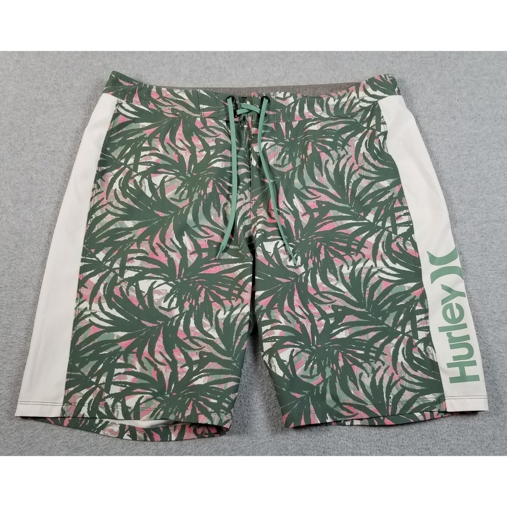 Hurley Board Shorts Mens 34 Green Pink Palm Floral Swim Trunks Surf Beach Lake